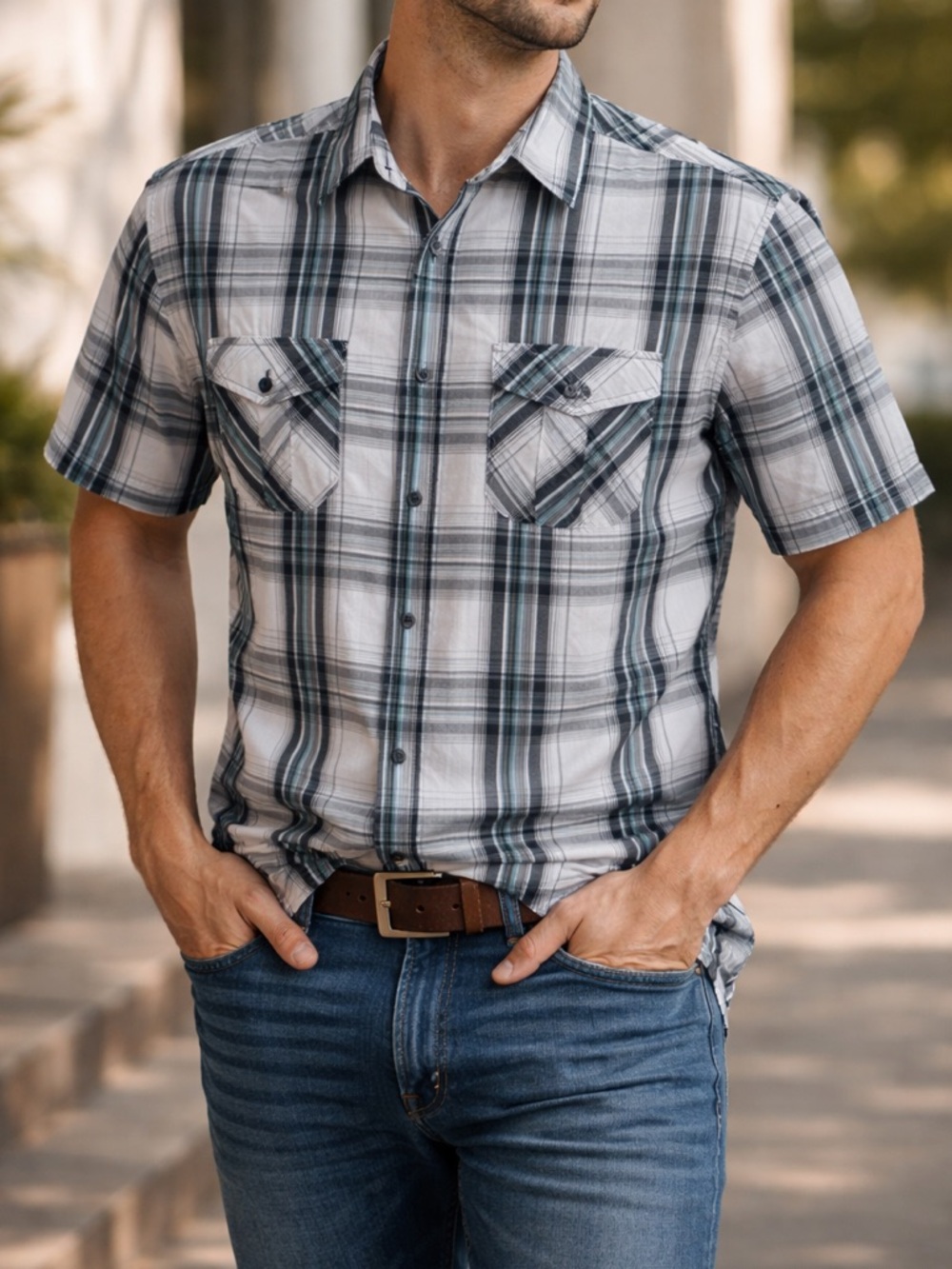 Beverly Hills Polo Club Plaid Button Down Shirt Men’s Medium Casual Short Sleeve
